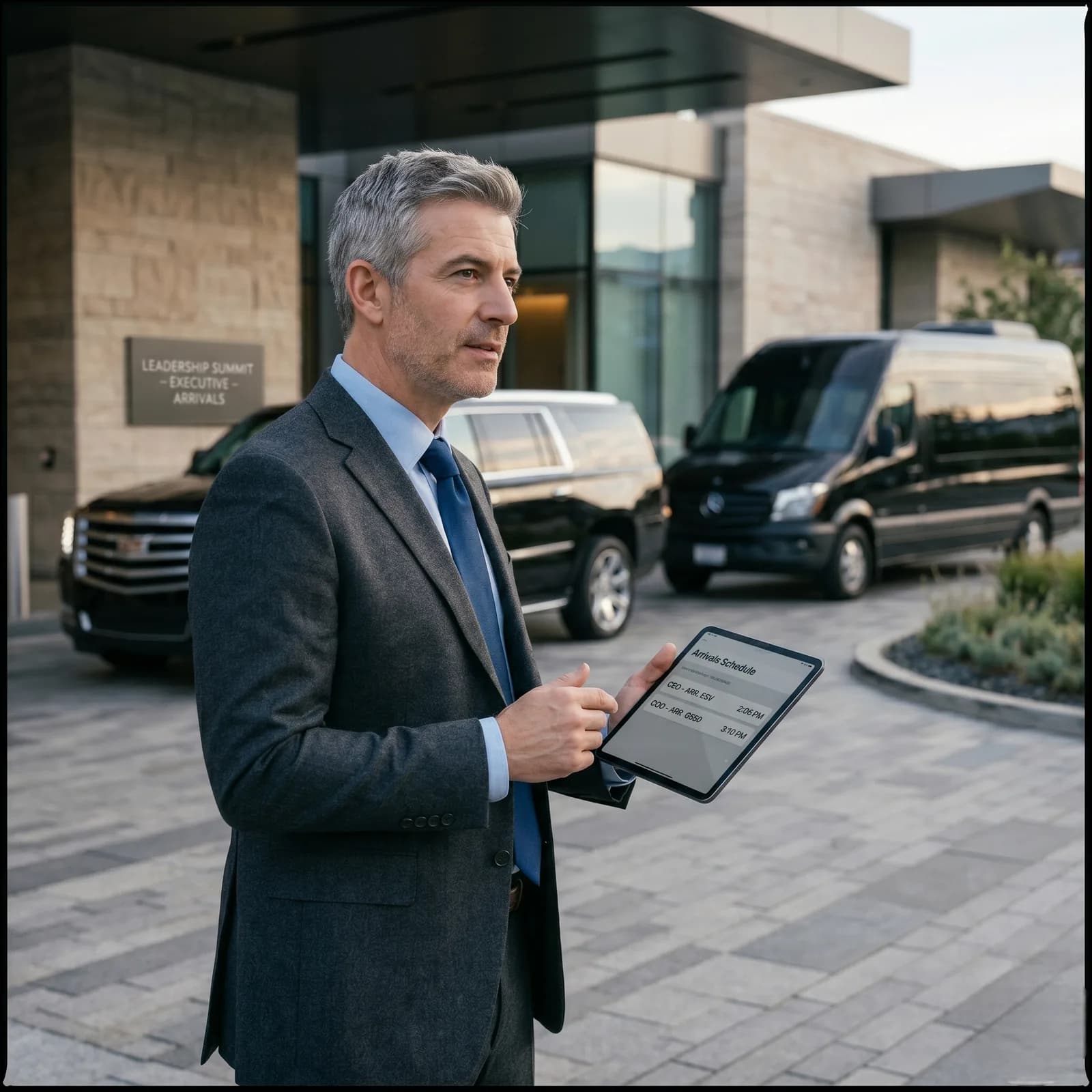 A chauffeur holding the door for a corporate traveler outside a city tower