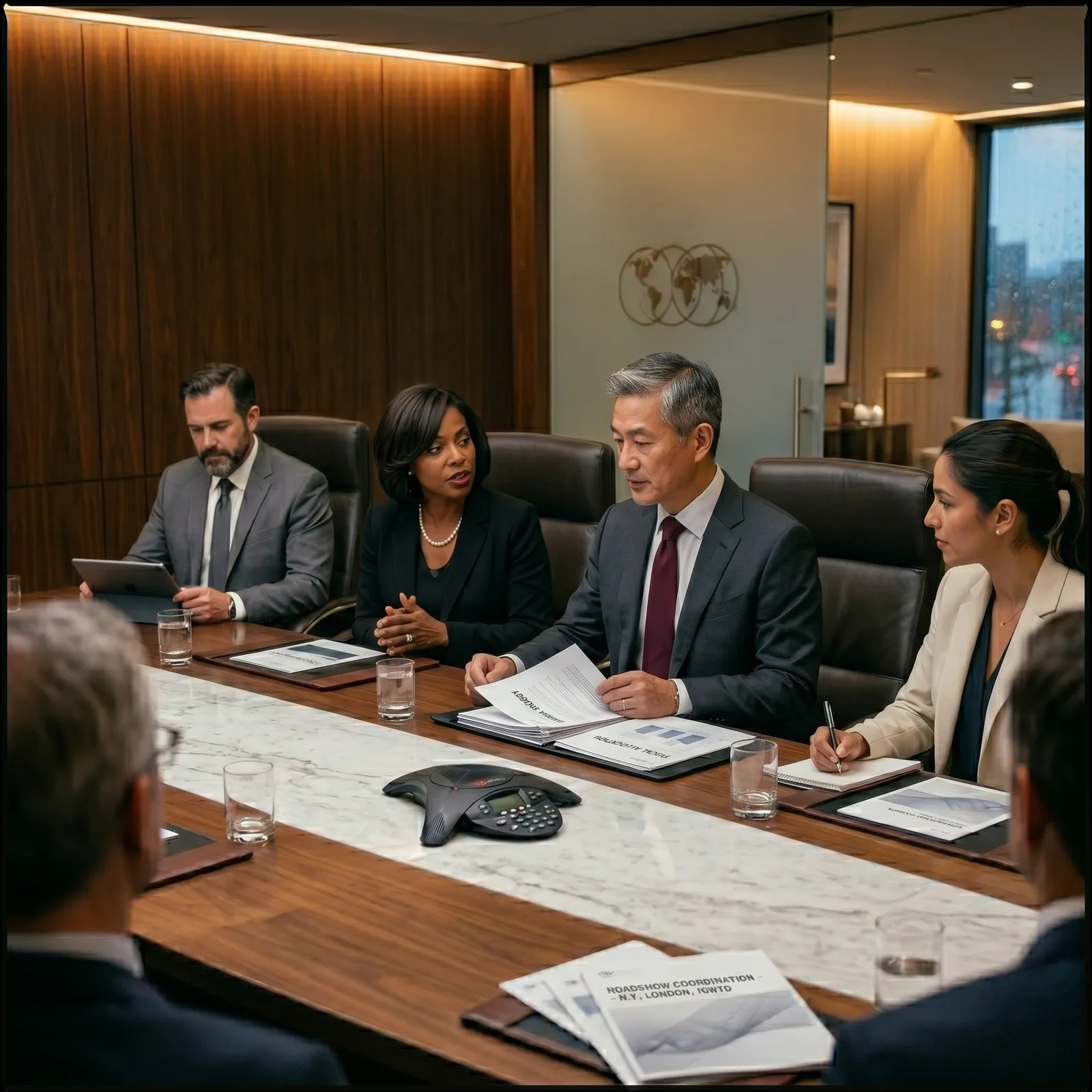 A sedan motorcade staged between downtown office buildings