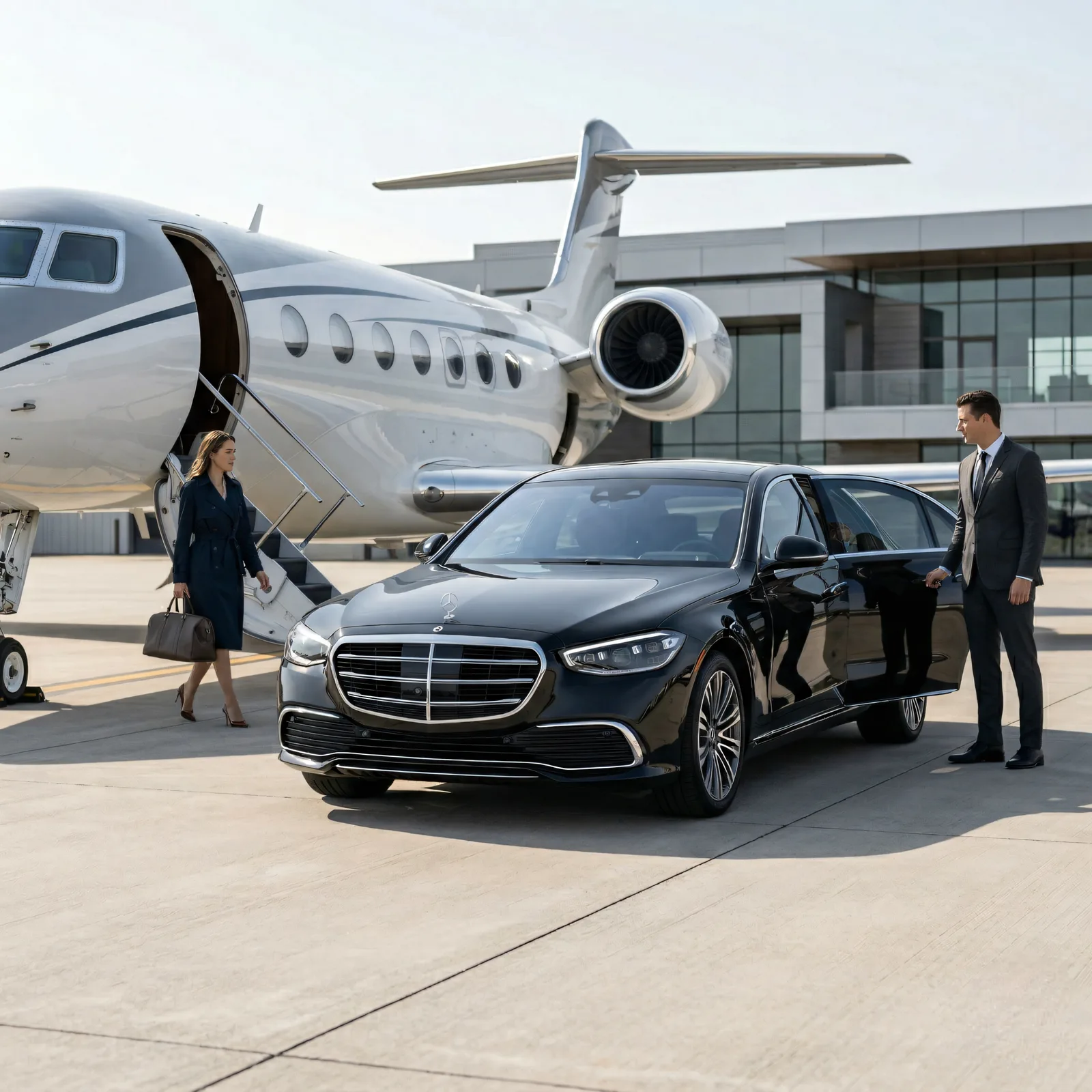 Chauffeur opening the rear door of a black Mercedes-Benz S-Class beside a private jet at a sunlit FBO, with a traveler approaching from the aircraft stairs