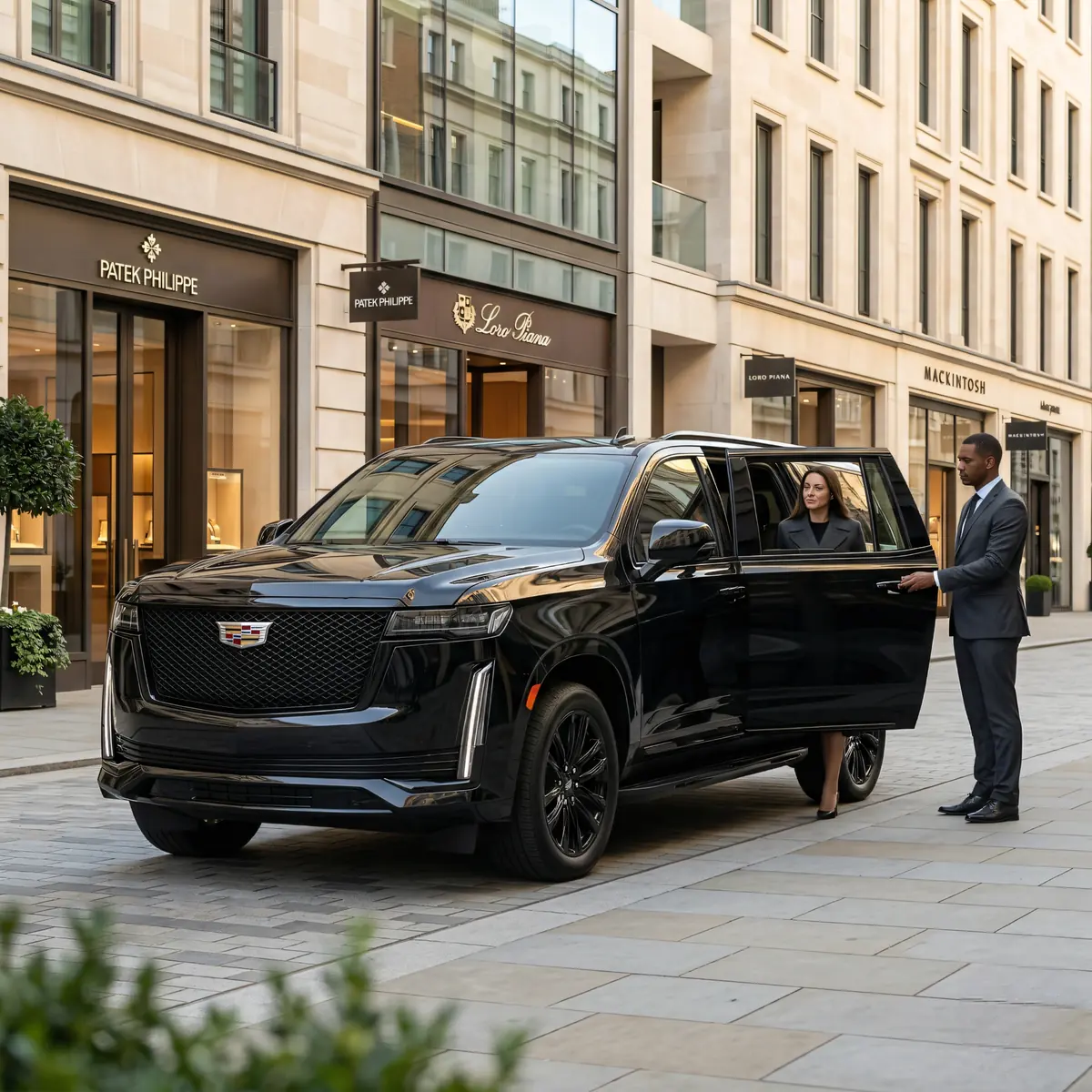 Black Cadillac Escalade at a luxury shopping street with chauffeur opening the rear door for a guest