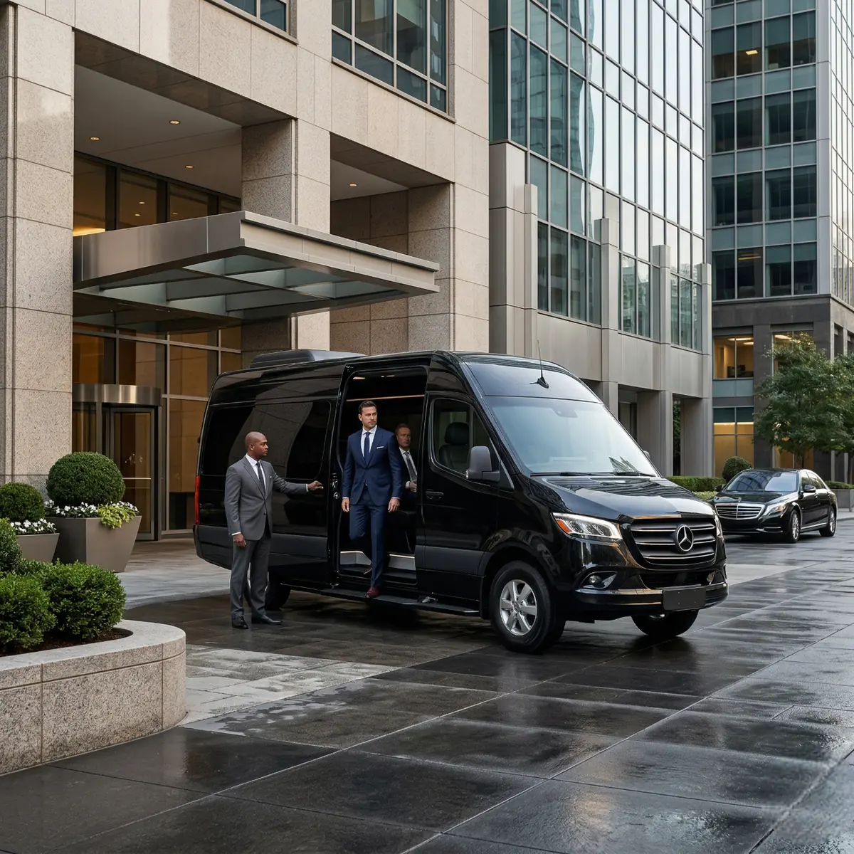 Black Mercedes Sprinter van at a corporate building entrance with chauffeurs receiving executives