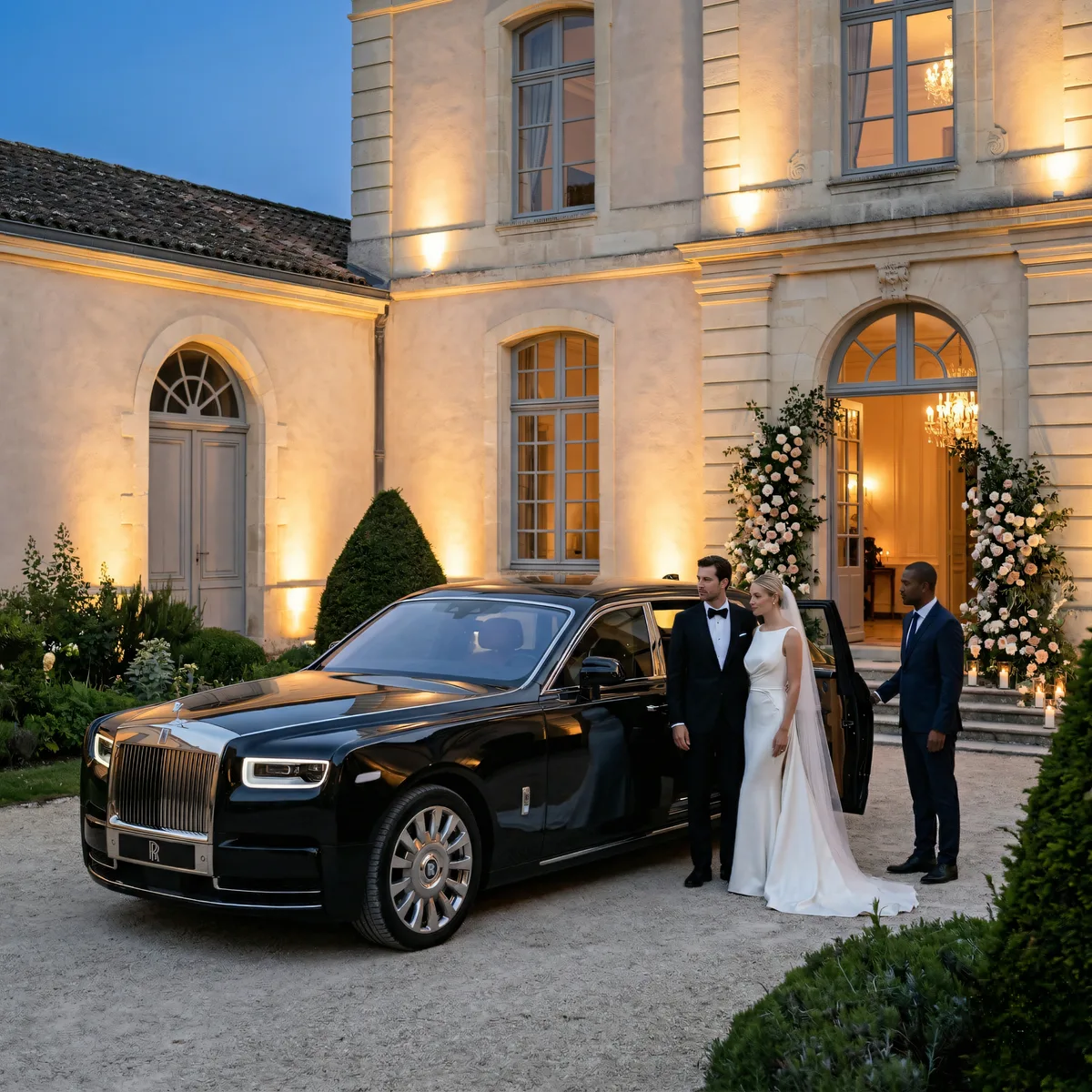Black Rolls-Royce Phantom at the entrance of a candlelit French chateau at dusk, chauffeur holding the door for a bride and groom beside a floral arch