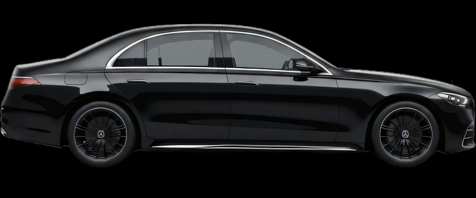 Luxury sedan in profile, Mercedes-Benz S-Class class vehicle on a transparent background with ground shadow