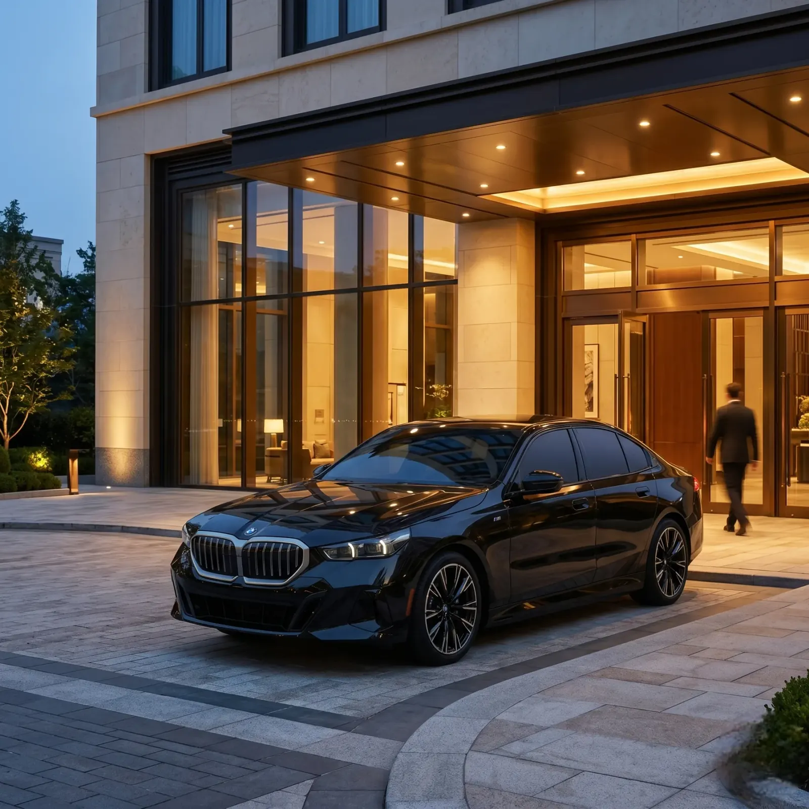 A sedan at a private terminal at dusk